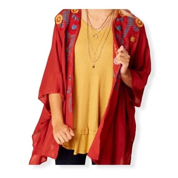 ALTER’D STATE Kimono Top Open Front Floral Embroidered Burn Red S/M - Picture 1 of 8